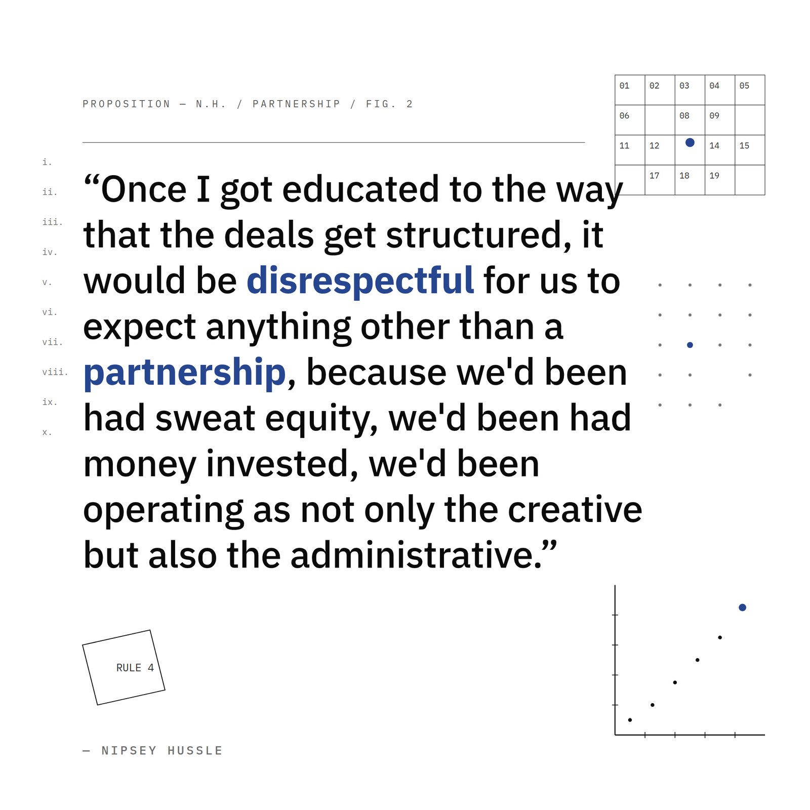 &ldquo;Once I got educated to the way that the deals get structured, it would be disrespectful for us to expect anything other than a partnership, because we'd been had sweat equity, we'd been had money invested, we'd been operating as not only the creative but also the administrative.&rdquo; — Nipsey Hussle
