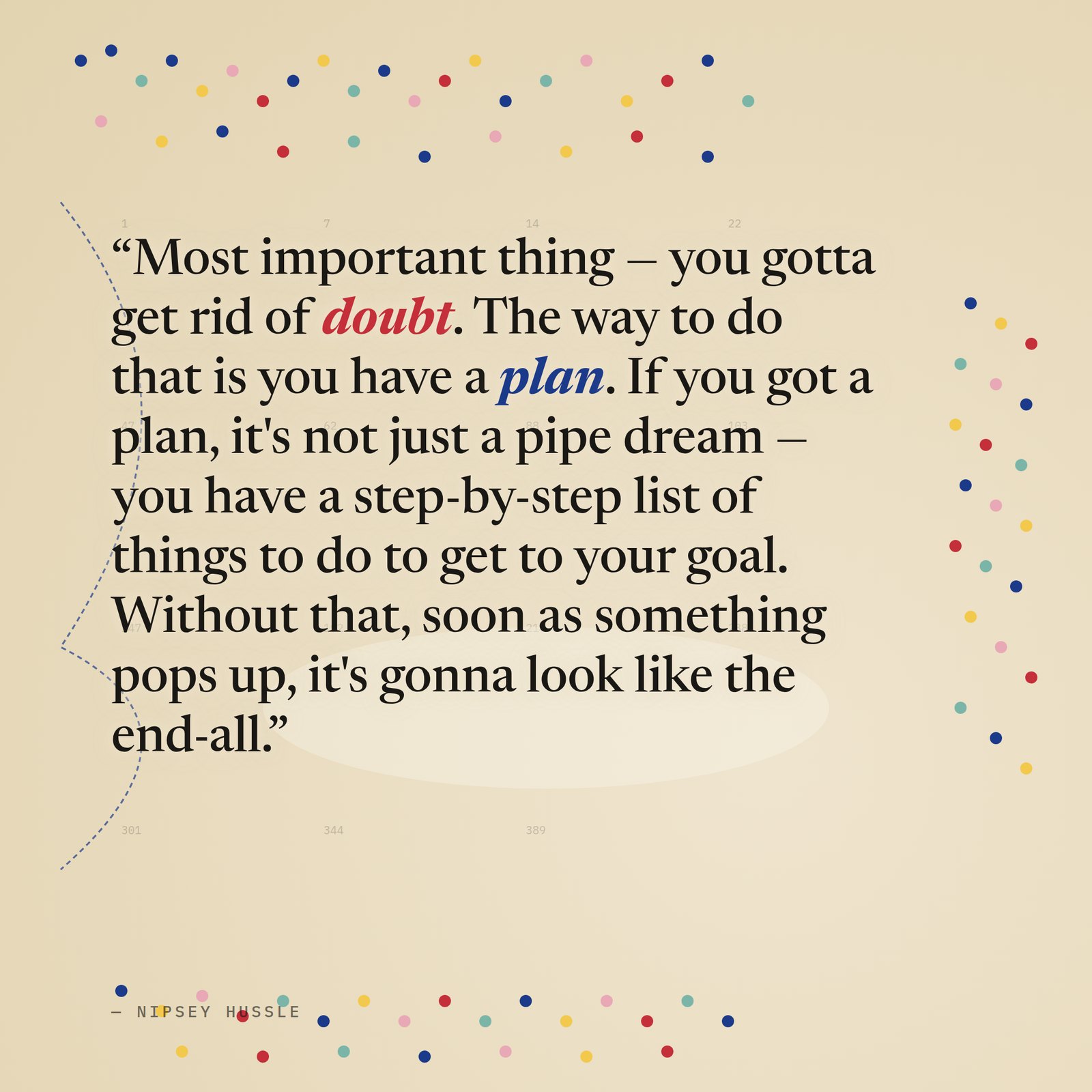 &ldquo;Most important thing — you gotta get rid of doubt. The way to do that is you have a plan. If you got a plan, it's not just a pipe dream — you have a step-by-step list of things to do to get to your goal. Without that, soon as something pops up, it's gonna look like the end-all.&rdquo; — Nipsey Hussle